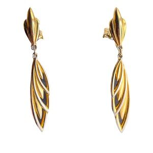 Vintage Trifari Signed Gold Tone Textured Long Clip-On Earrings